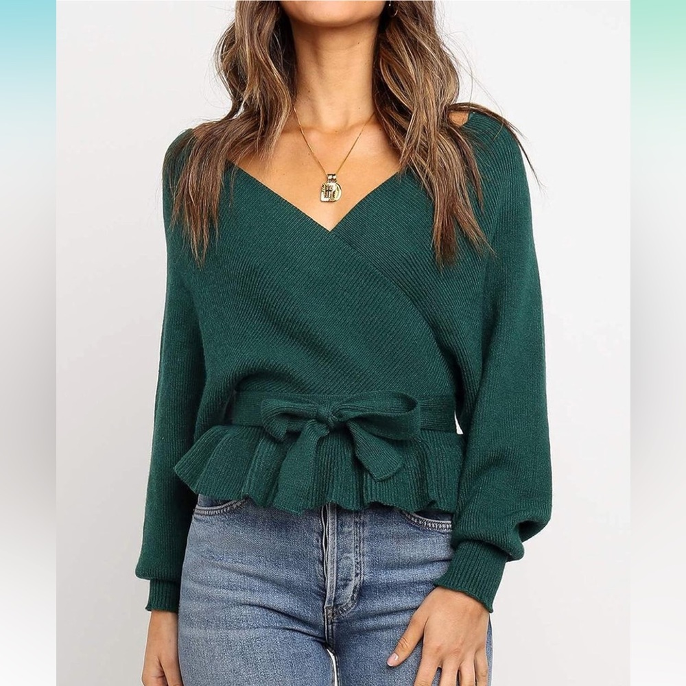 ZESICA Women's Wrap V Neck Long Batwing Sleeve Belted Waist Ruffle Knitted Sweat
